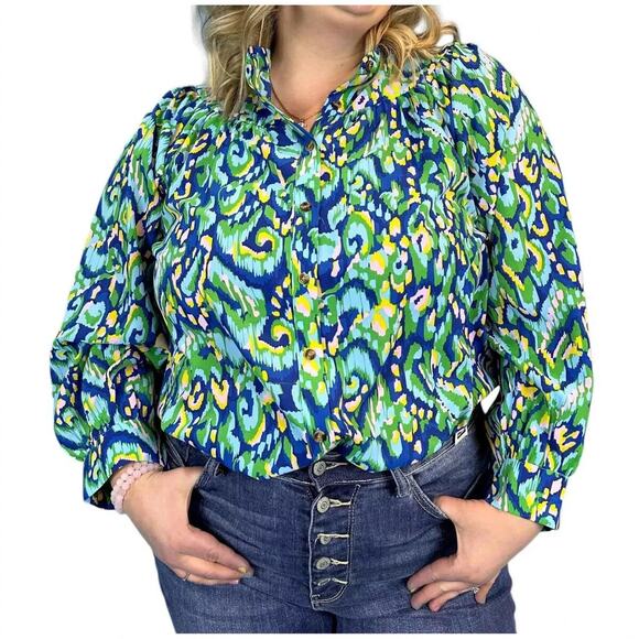 First Love By Lovelyn Abstract Print Mandarin Collar Button Down Top Sz S Blouse - Picture 2 of 10